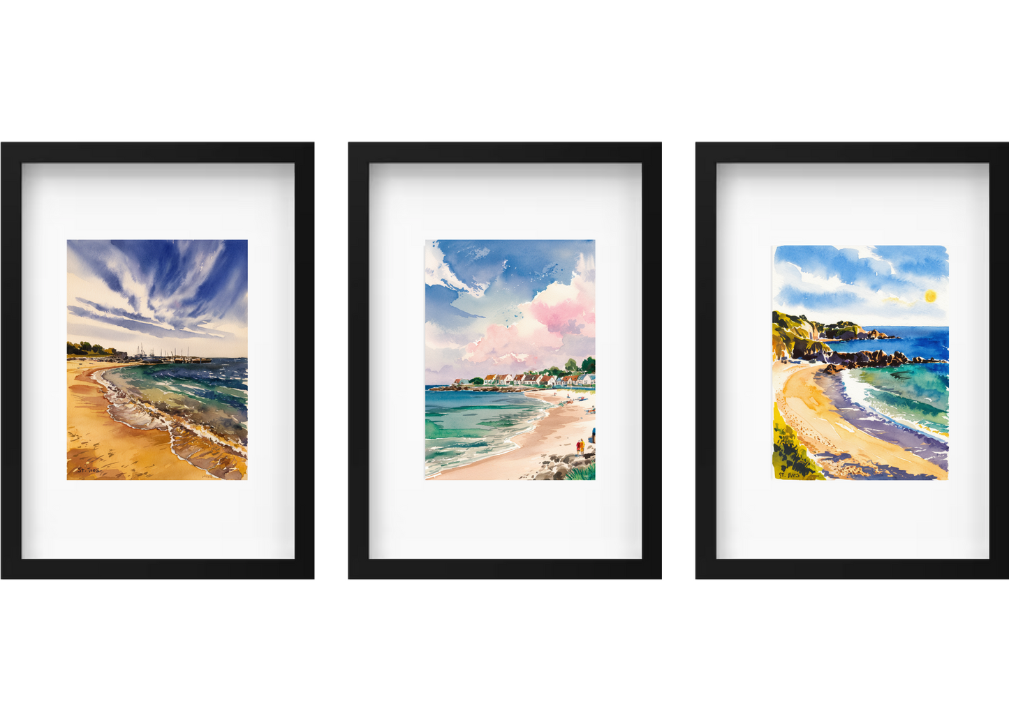 Set Of 3 Framed Beach Watercolour Artworks 21cm x 30cm