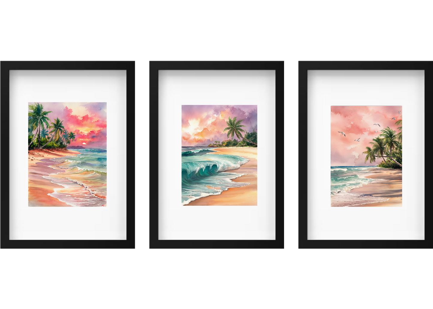 Set Of 3 Framed Tropical Beach Watercolour Artworks 21cm x 30cm