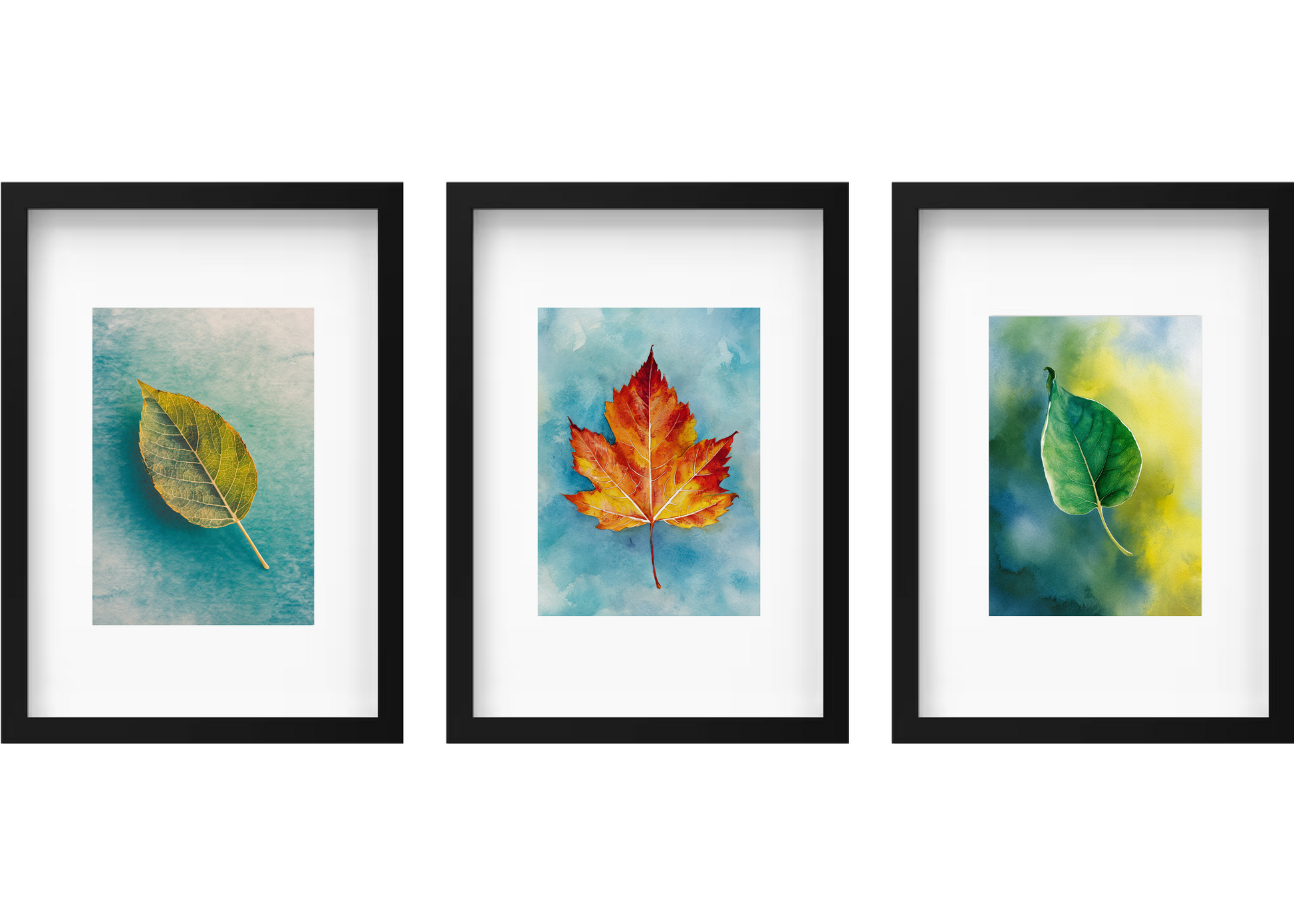 Black Set Of 3 Framed Leaves Watercolour Artworks 21cm x 30cm