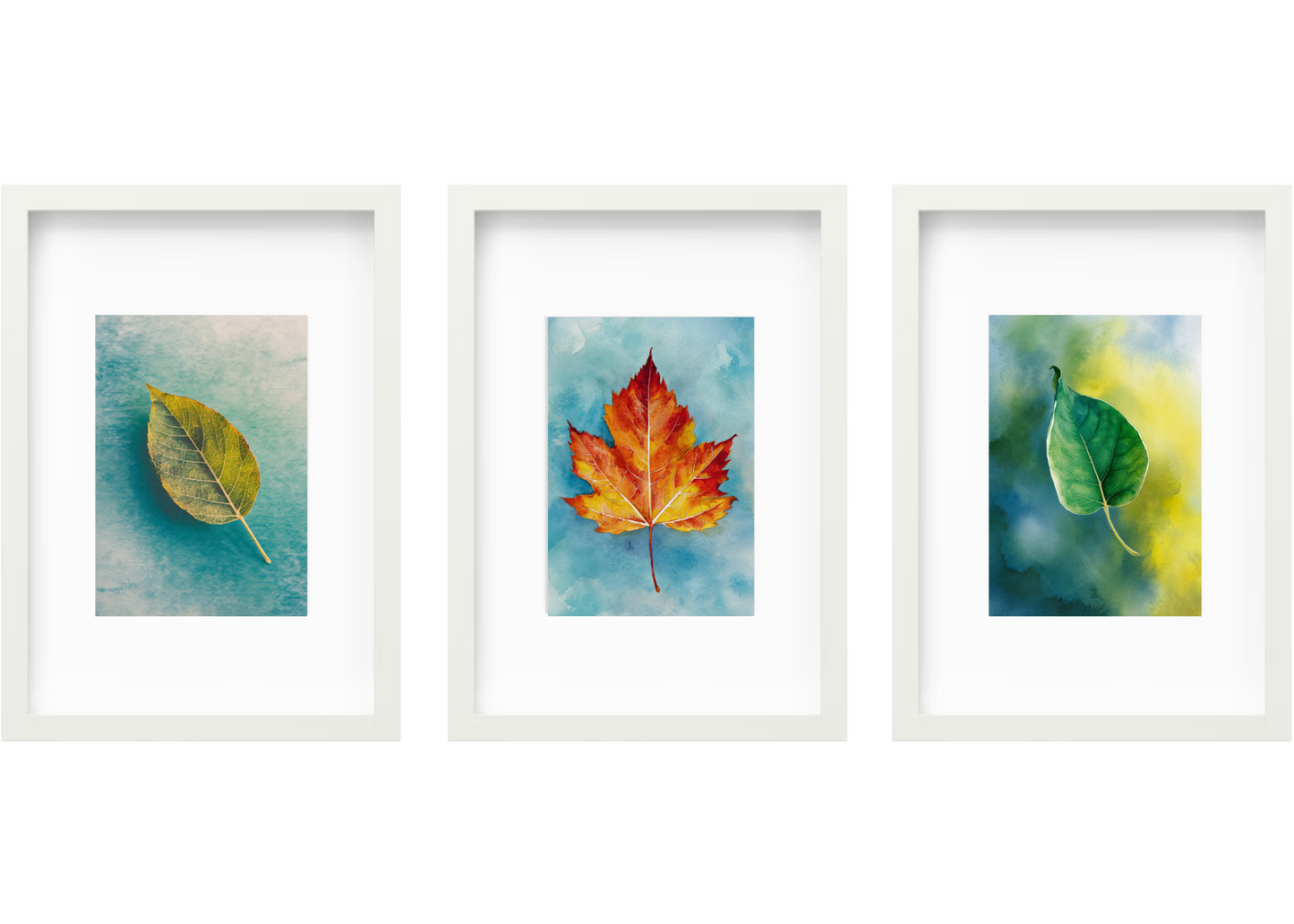 White Set Of 3 Framed Leaves Watercolour Artworks 21cm x 30cm