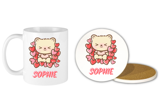 Personalised Valentines Gift Ceramic Coaster & Mug Heart Bear