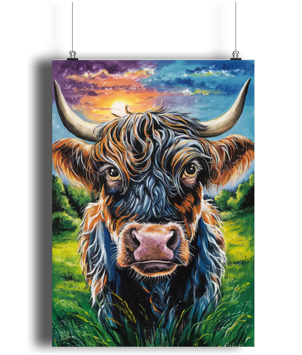 Wall Art Print Colourful Highland Cow