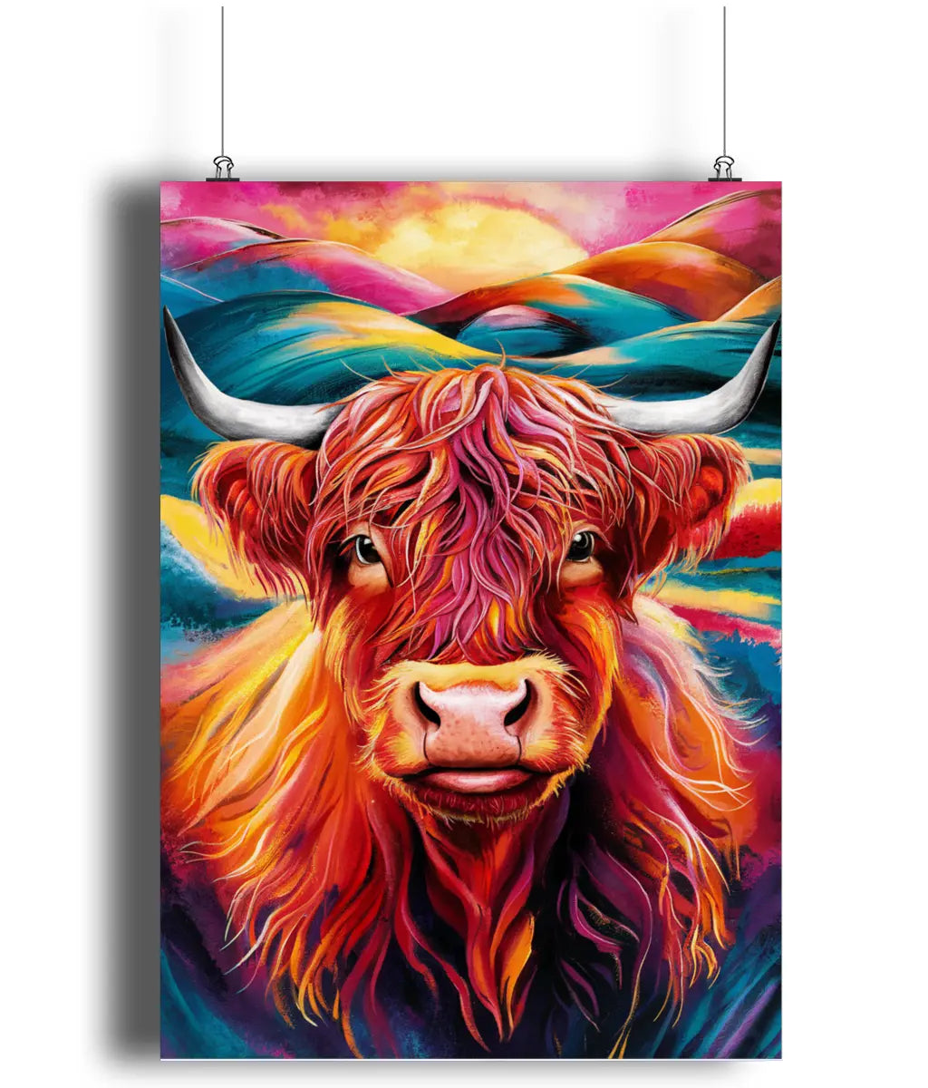 Wall Art Print Highland Cow Colour Hills